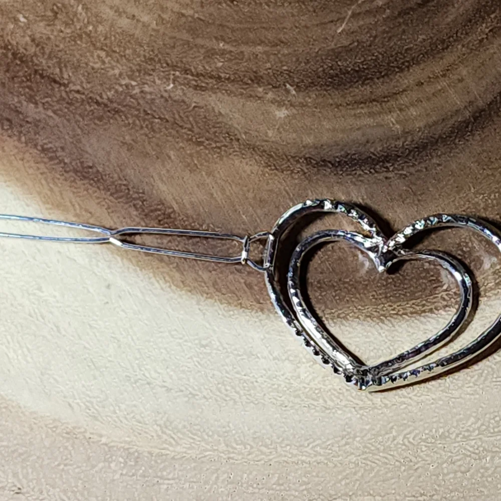 Elegant Hair Clip or Barrette with Silver Tone, Crystal Encrusted Double Hearts